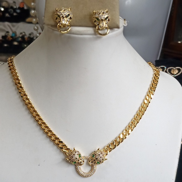 Chain 18K gold over Stainless steel Leopard panther head necklace Earrings set - Picture 1 of 9